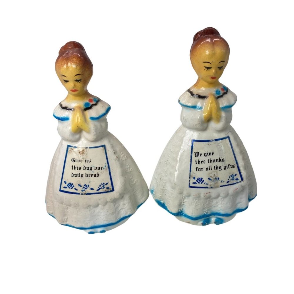 Vintage Praying Girls Salt and Pepper Shakers Hard Blown Plastic Hong Kong